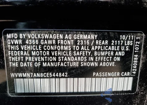 2012 Volkswagen Cc Sport from USA, damaged, VIN WVWMN7AN8CE544842
